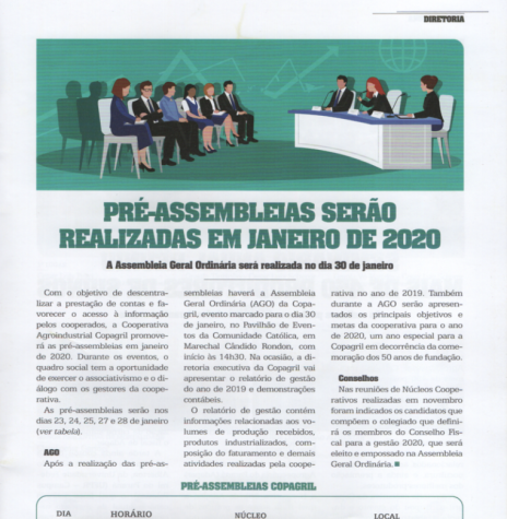 Destaque da Revista Copagril referente a pré-assembleias 2020.
Imagem: Revista Copagril - edição 113 - FOTO 13 |--