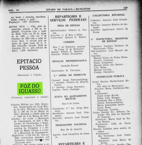 Página 530 do Almanak Laemmert  com a 1ª parte do Censo 1930 de Foz do Iguaçu.
Imagem: Arquivo Biblioteca Nacional - FOTO 2 - 