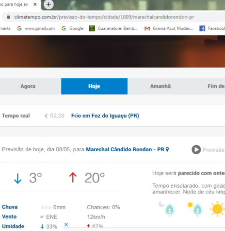 Print da página da empresa Climatempo com a indicação da temperatura mínima média para o dia 08 de maio de 2020.
Imagem: Acervo Projeto Memória Rondonense - FOTO 11 - 