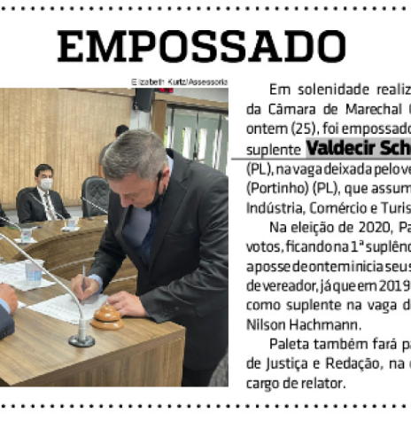 Destaque do jornal rondonense O Presente sobre a posse do suplente de vereador, Valdecir Schons (Paleta).
Imagem: Acervo do informativo - FOTO 15 - 