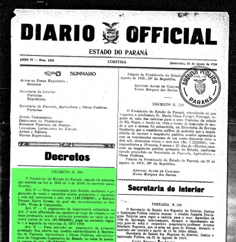 Publicação do Decreto nº 696 do Governo do Paraná no Diário Oficial do Estado.
Imagem; Acervo Arquivo Público do Paraná - FOTO 3 - 