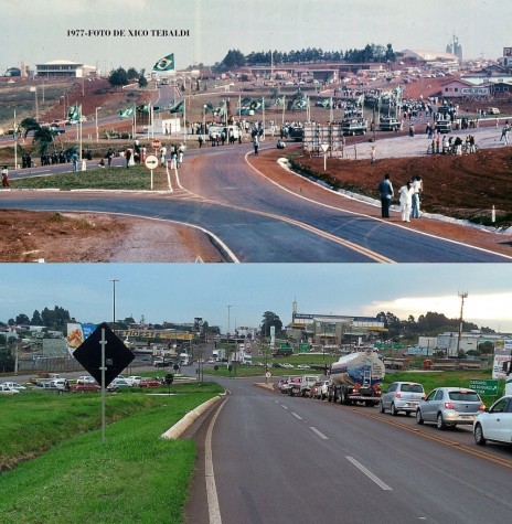 Inauguração das BRs 369 e 467 em maio de 1977, e depois imagem da década de 2010.
Imagem: Acervo e crédito de Xico Tebaldi (Cascavel - PR). - FOTO 8 -