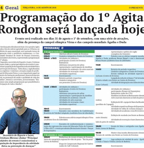Página do jornal O Presente, ed. de 14.08.2018, noticiando o lançamento do 1º Agita Rondon e a agenda programática do evento. 
Imagem: Acervo O Presente - FOTO 21-