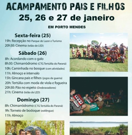 Cartaz-convite para o 2º Acampamento Pais e Filhos de Marechal Cândido Rondon, realizado em final de janeiro de 2019, na Praia Artificial de Porto Mendes. 
Imagem: Acervo Imprensa PM-MCR - FOTO 10 - 