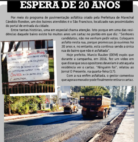 Destaque do jornal O Presente sobre a pavimentação asfáltica em ruas do Bairro São Francisco. 
Imagem: Acervo O Presente - FOTO 9 - 