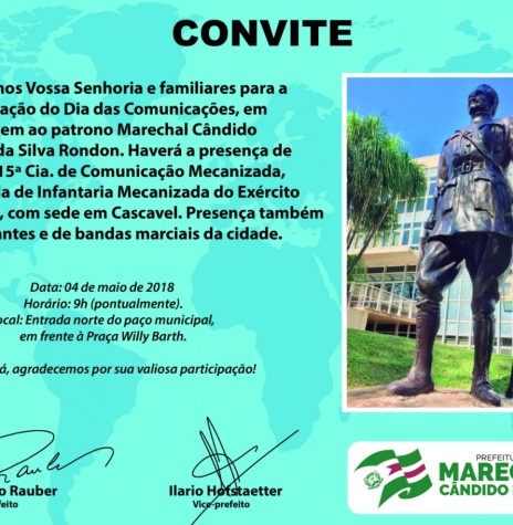 Convite expedido pela Administração Pública de Marechal Cândido Rondon para a comemoração do Dia das Comunicações. 
Imagem: Acervo Imprensa - PM-MCR - FOTO 8 - 