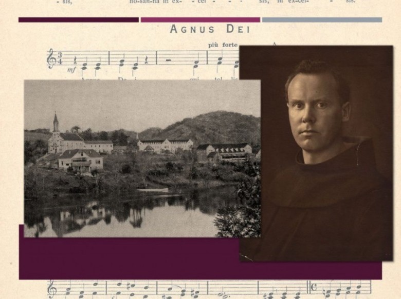 Frei Pedro Sinzig, foto em composição com uma vista antiga da cidade de Blumenau. Imagem: Acervo ArchivLinz - Alemanha.