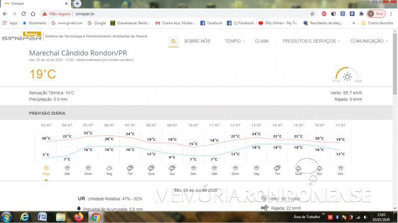 Box do Serviço Metereológico do Paraná (SIMEPAR), na internet, com a indicação da temperatura mínima média em Marechal Cândido Rondon.
Imagem: Acervo do órgão informado - FOTO 8 -