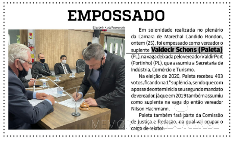 Destaque do jornal rondonense O Presente sobre a posse do suplente de vereador, Valdecir Schons (Paleta).
Imagem: Acervo do informativo - FOTO 15 - 