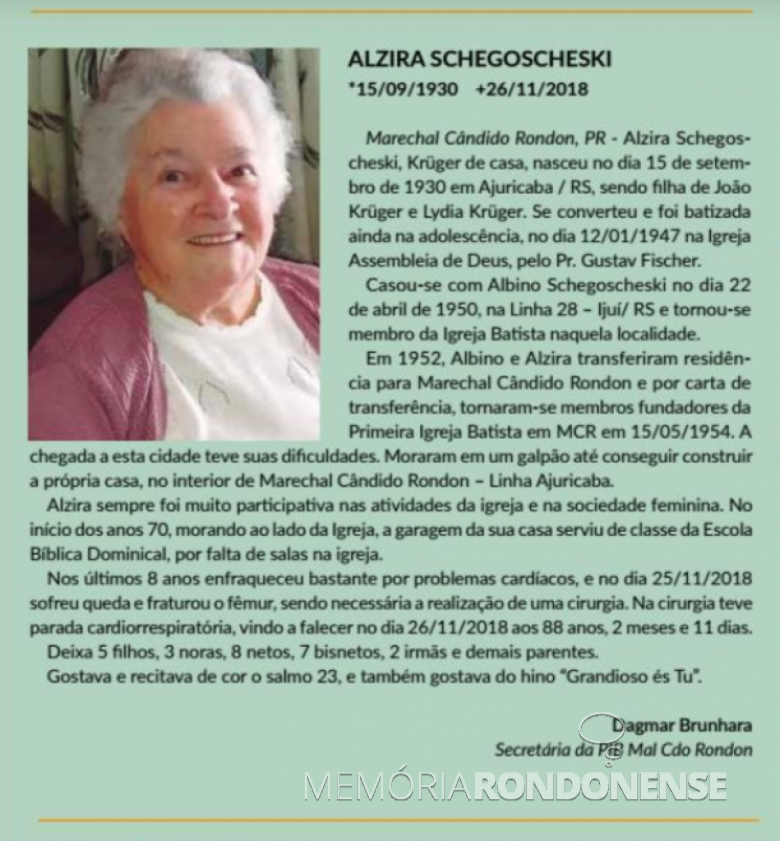 Registro do falecimento de Alzira Schegoschewski registrado no Jornal O Batista Pioneiro - ed. Mai/Jun 2019. Imagem: Acervo do periódico - FOTO  13 -