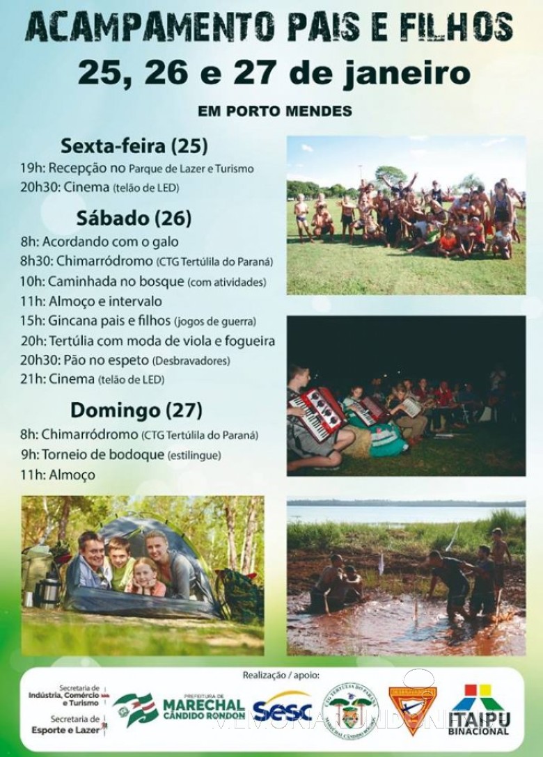 Cartaz-convite para o 2º Acampamento Pais e Filhos de Marechal Cândido Rondon, realizado em final de janeiro de 2019, na Praia Artificial de Porto Mendes. 
Imagem: Acervo Imprensa PM-MCR - FOTO 10 - 