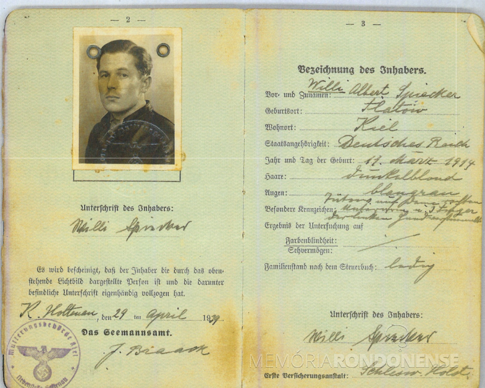 Passaporte de Willy Albert Spiecker com a sua identificação. 
Imagem:  Acervo de documentos de Margarida Spiecker - FOTO 14 - 