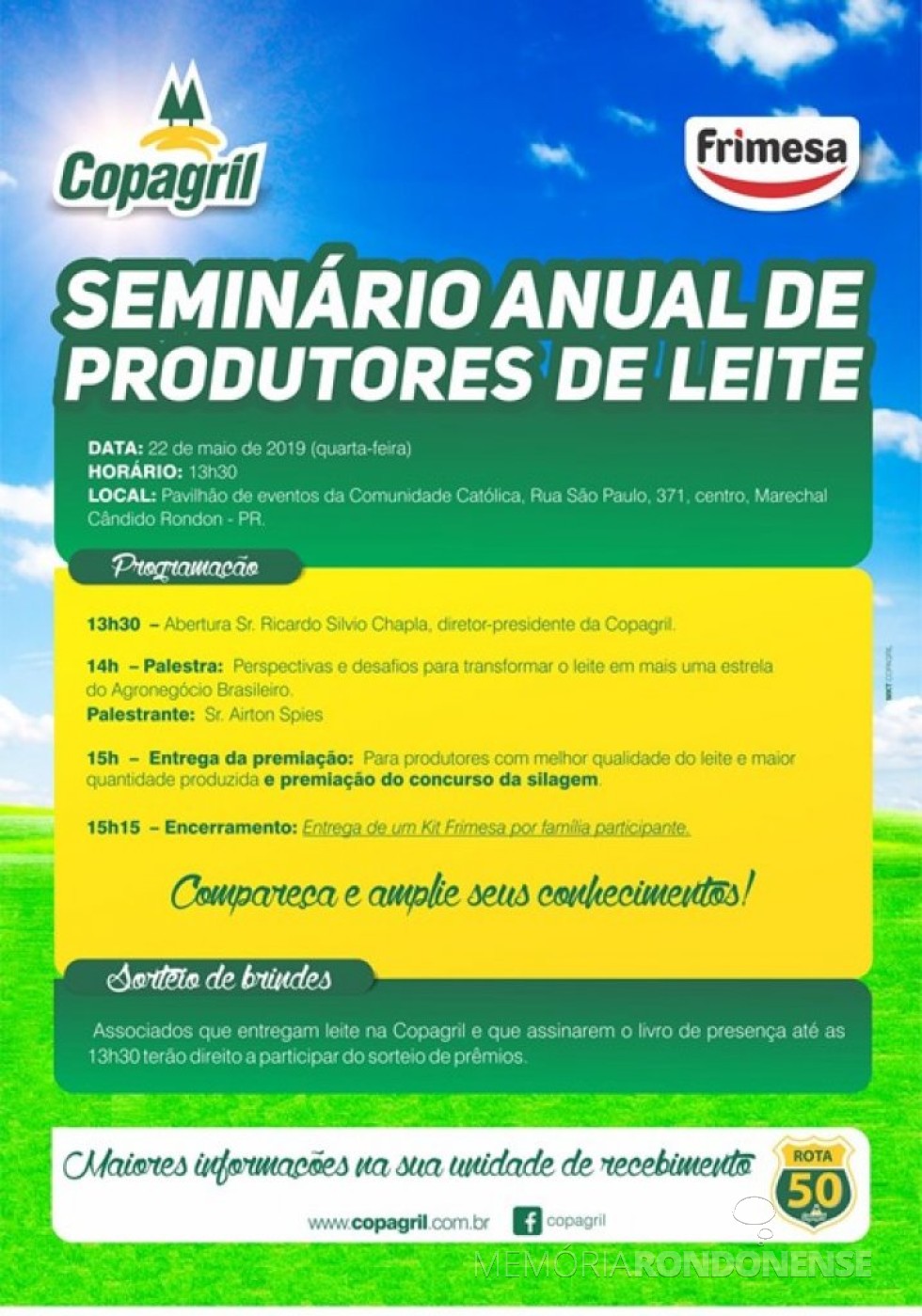 Convite da Copagril para o Seminário de Produtores de Leite 2019. 
Imagem: Acervo Comunicação Copagril - FOTO 14 - 