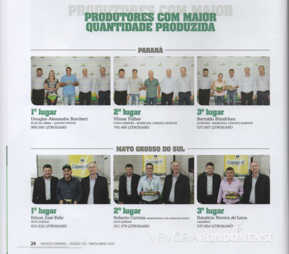 Produtores de leite premiados no Seminário Anula de Produtores de Leite da Copagril, na categoria de 