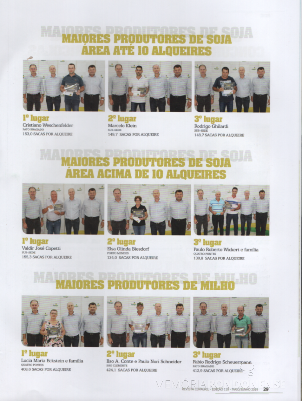 Premiação dos produtores que alcançaram a melhor produtividade de soja e milho, respectivamente, nas categorias envolvidas, na safra 2018/2019.
ImageM; Revista Copagril nº 110 - FOTO 18 --