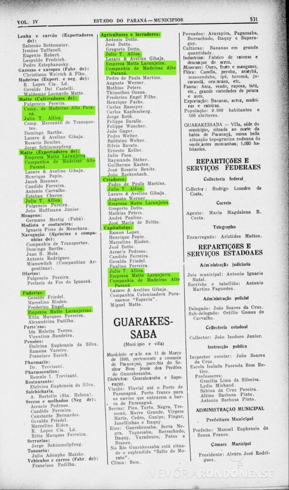 Página 532 do Almanak Laemmert com a parte final da publicação do Censo 1930 de Foz do Iguaçu.
Imagem: Acervo Biblioteca Nacional - FOTO 4 -