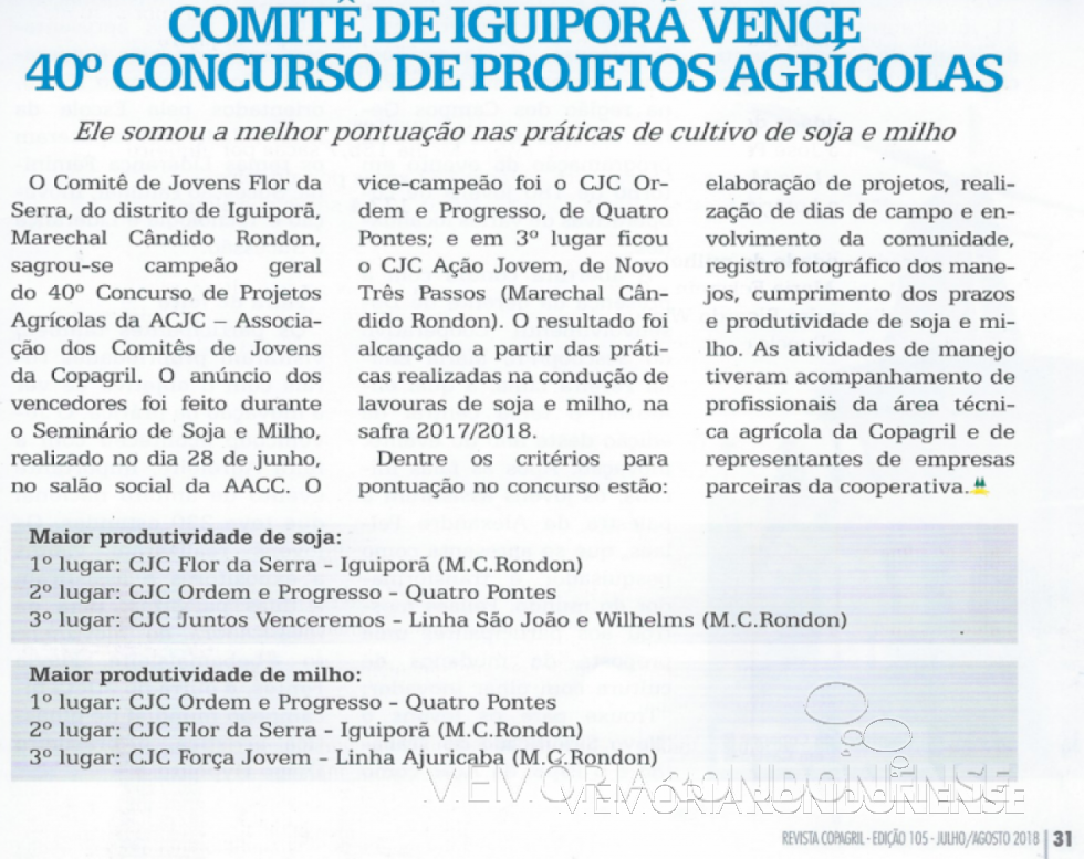 Destaque da Revista Copagril sobre o 40º Concurso de Projetos Agrícolas da ACJC com as classificações obtidas pelos comitês participantes. Imagem: edição 105 - ano 13 - Jul/Ago 2018 - FOTO 11 - 