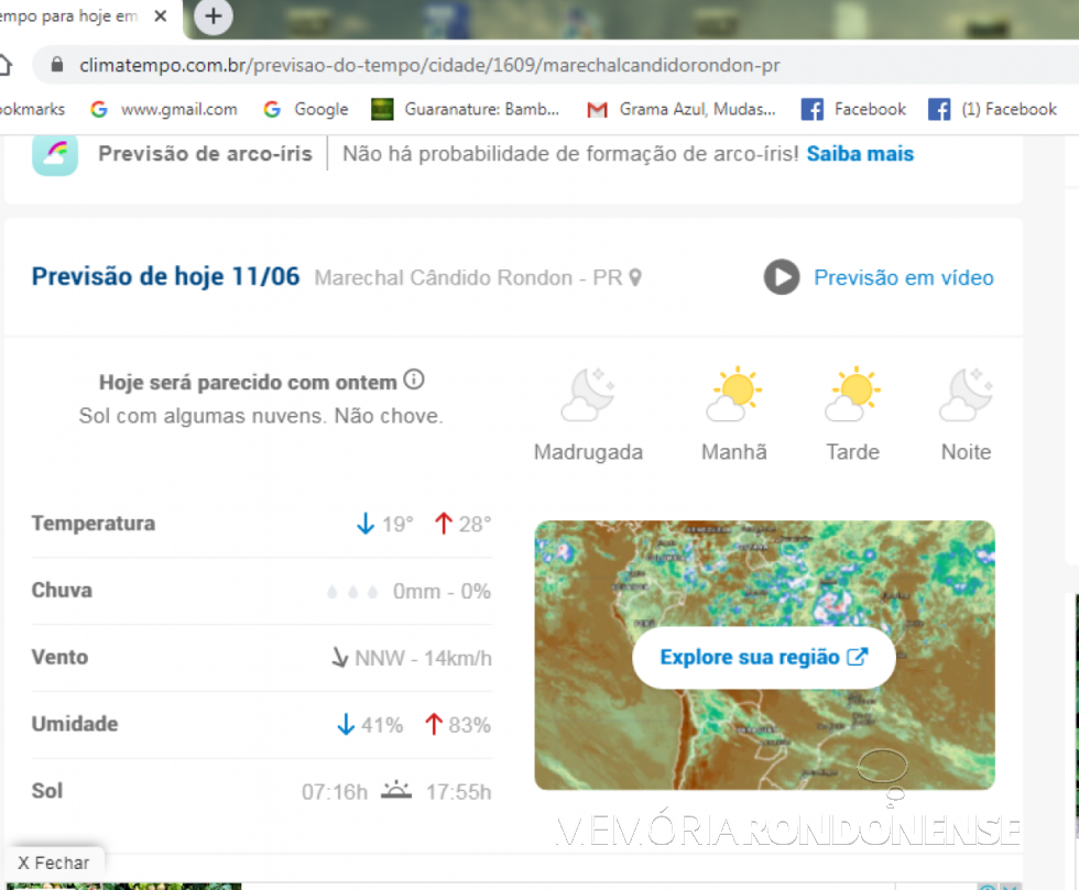 Amostragem da umidade realtiva em Marechal Cândido Rondon, em 11 de junho de 2020.
Imagem: Acervo Climatempo - FOTO 16 - 