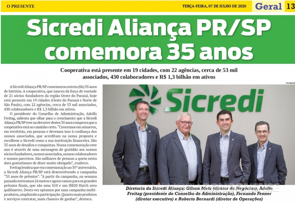 Recorte do jornal O Presente referente aos 35 anos de fundação da Sicredi Aliança PR/SP.
Imagem: Acervo O Presente - FOTO 14 - 