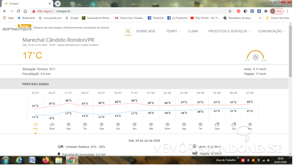Oscilação térmica em Marechal Cândido Rondon no dia 25 de julho de 2020.
Imagem: Acervo Serviço Metereológico do Paraná (SIMEPAR) - FOTO 31 -