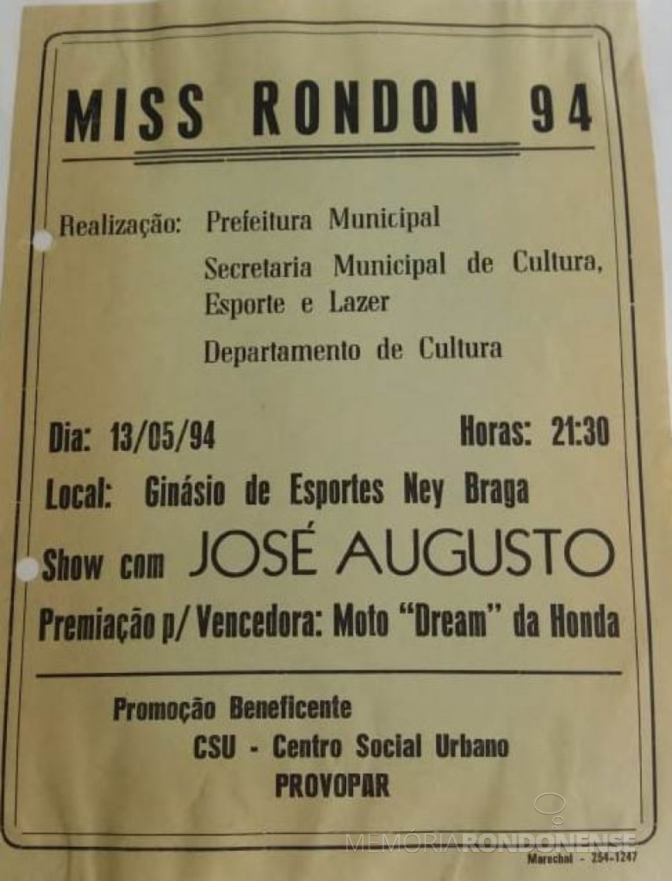Capa do álbum do Miss Marechal Cândido Rondon 1994.
Imagem: Acervo Secretaria Municipal de Cultura - FOTO 15 -