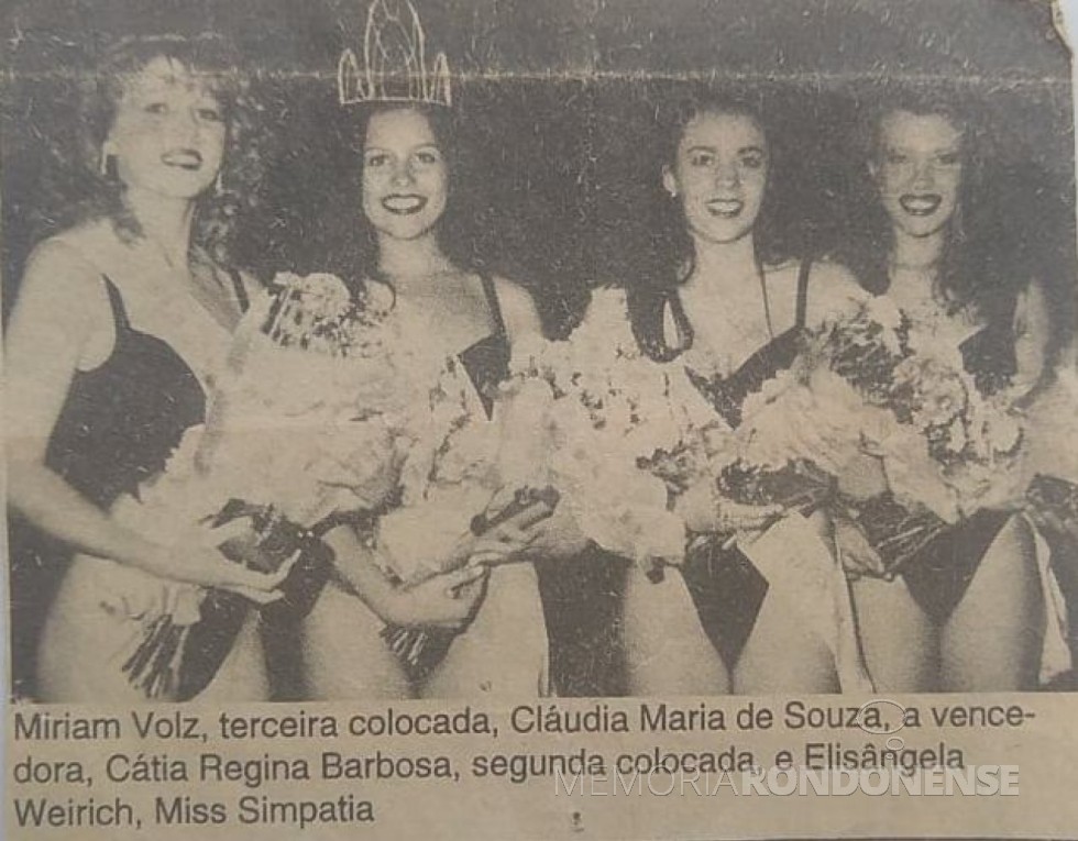 Destaque jornalístico referentes sobre as soberanas do Miss Marechal Cândido Rondon 1994.
Imagem: Acervo Miriam Völz Wegner (Pato Bragado) - FOTO 16 - 