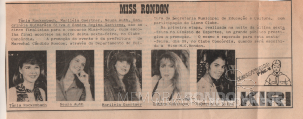 Cinco finalistas do Miss Marechal Cândido Rondon 1986. 
Imagem: Acervo Secretaria de Cultura - Prefeitura Municipal de Marechal Cândido Rondon - FOTO 5 - 