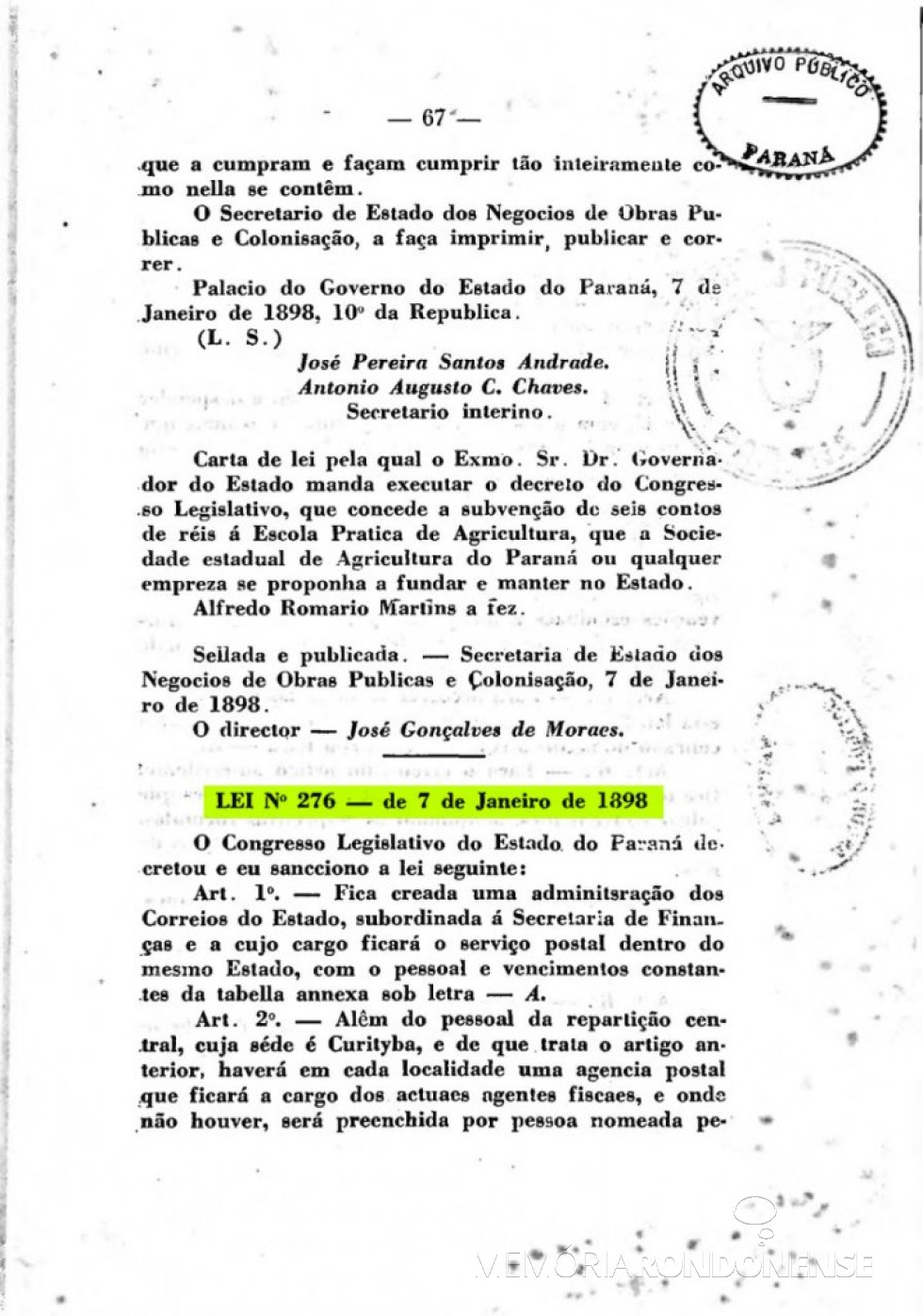 Página 1 da publicação da Lei nº 276/1898, que criou a Administração dos Correios no Paraná. 
Imagem: Acervo Arquivo Público do Paraná - FOTO 2 - 