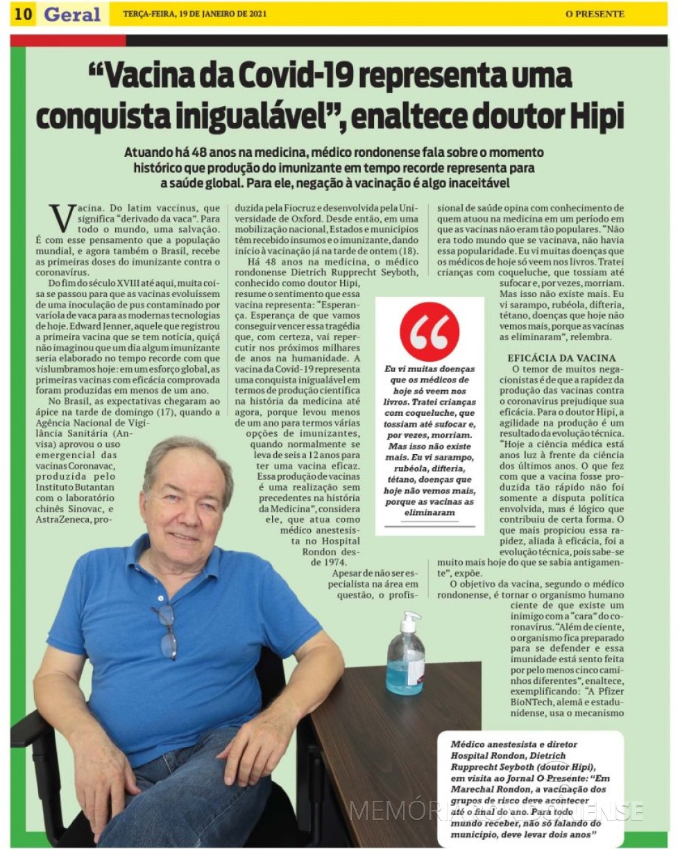 Página inicial da entrevista do médico rondonense Dietrich Rupprecht Seyboth (Dr. Hippi) ao jornal rondonense O Presente, em janeiro de 2021.
Imagem: Acervo do periódico - FOTO 10 - 