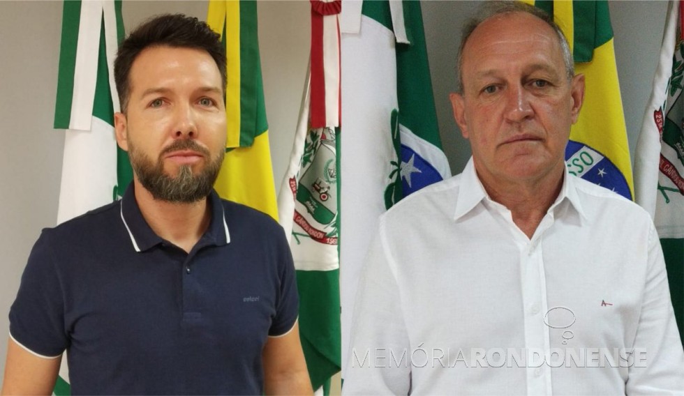 Diogo Schneider (Bolha) e vereador Valdir Port (D), nomeados secretários municipais da Prefeitura Municipal de Marechal Cândido Rondon, em janeiro de 2021.
Imagem: Acervo Imprensa MCR - FOTO 6 -