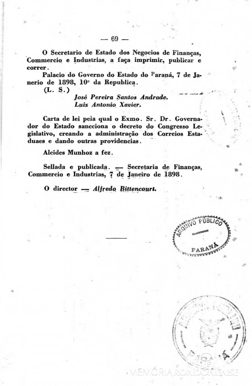 Página 3 da publicação da Lei nº 276/1898. 
Imagem: Acervo Arquivo Público do Paraná - FOTO 4 - 