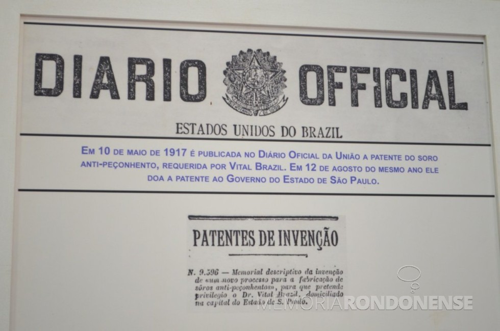 Registro da patente de descoberta concedida a Vital Brazil e anotação da doação ao Governo de São Paulo.
Imagem: G1 Globo - FOTO 2 -