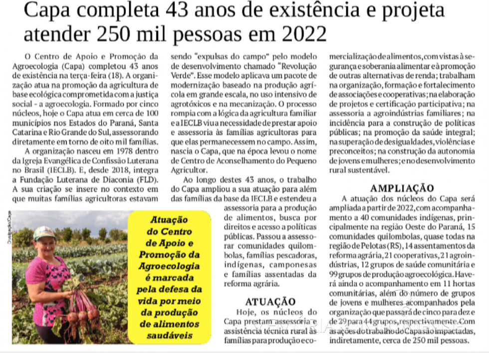 Reportagem do jornal rondonense O Presente referente aos 43 anos da Capa, em maio de 2021.
Imagem: Acervo do Informativo - FOTO 4 - 