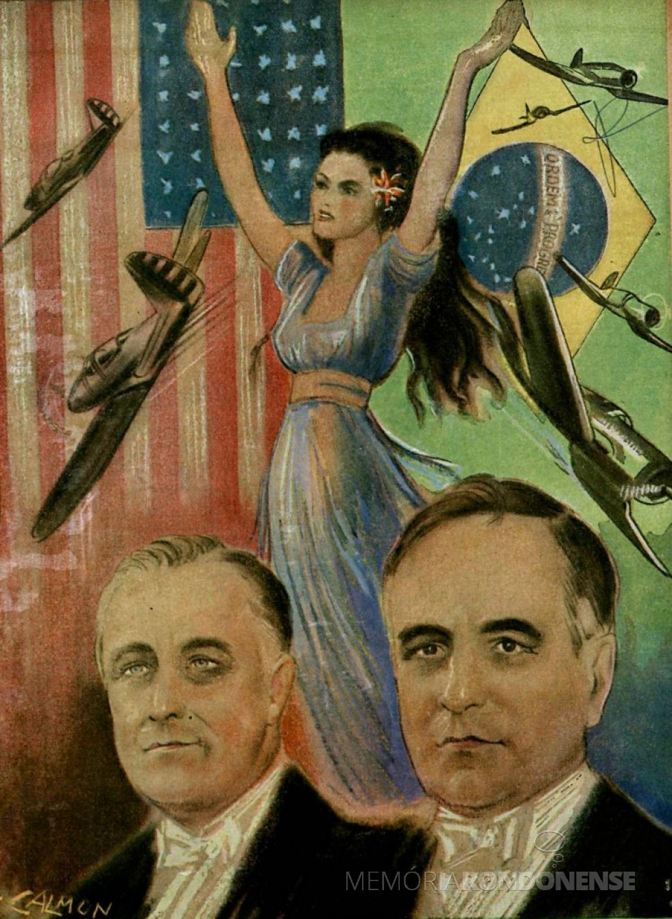 Alegoria celebrando a Aliança entre os Estados Unidos de Franklin D. Roosevelt e o Brasil de Getúlio Vargas durante a Segunda Guerra Mundial, em 1942. Pintura de Calmon Barreto.
Imagem: Acervo O Passado do Brasil/Facebbok - FOTO 6 -
