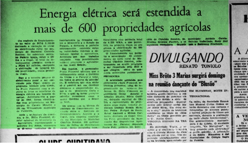 Matéria informativa do Diário da Tarde sobre o financiamento para eletrificação rural em Marechal Cândido Rondon.
Imagem: Acervo Biblioteca Naciopnal - FOTO 7 - 