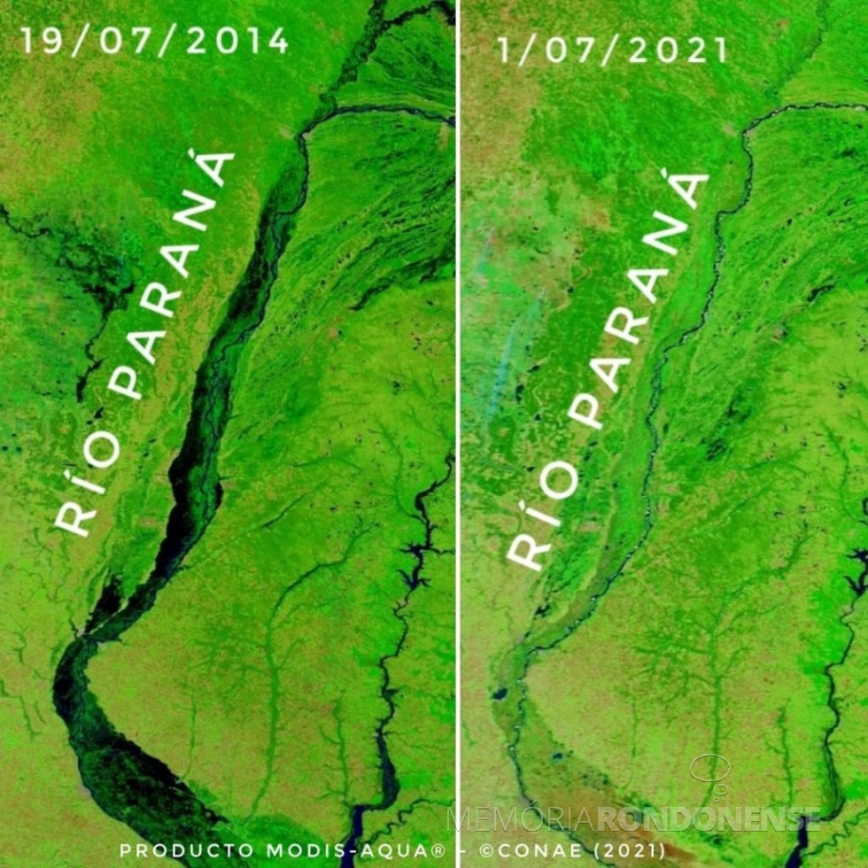 Fotografias de satélite  mostrando o volume de água do Rio Paraná em 2014 e em 2021(um mero filete hídrico).
Imagem: Acervo Conae/ Compre Rural - FOTO 18 -