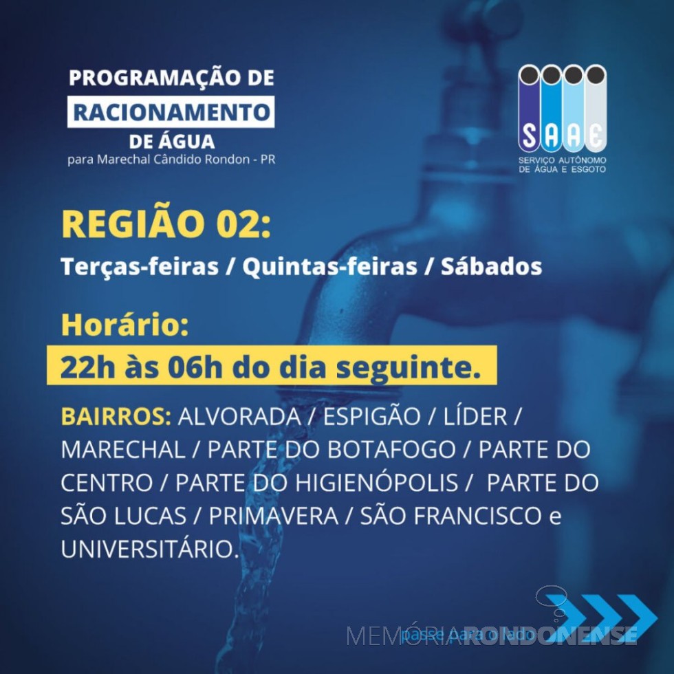 Card indicativo dos dias de racionamento de água na Região 02 na cidade de Marechal Cândido Rondon. 
Imagem: Acervo Portal Rondon - FOTO 23 - 