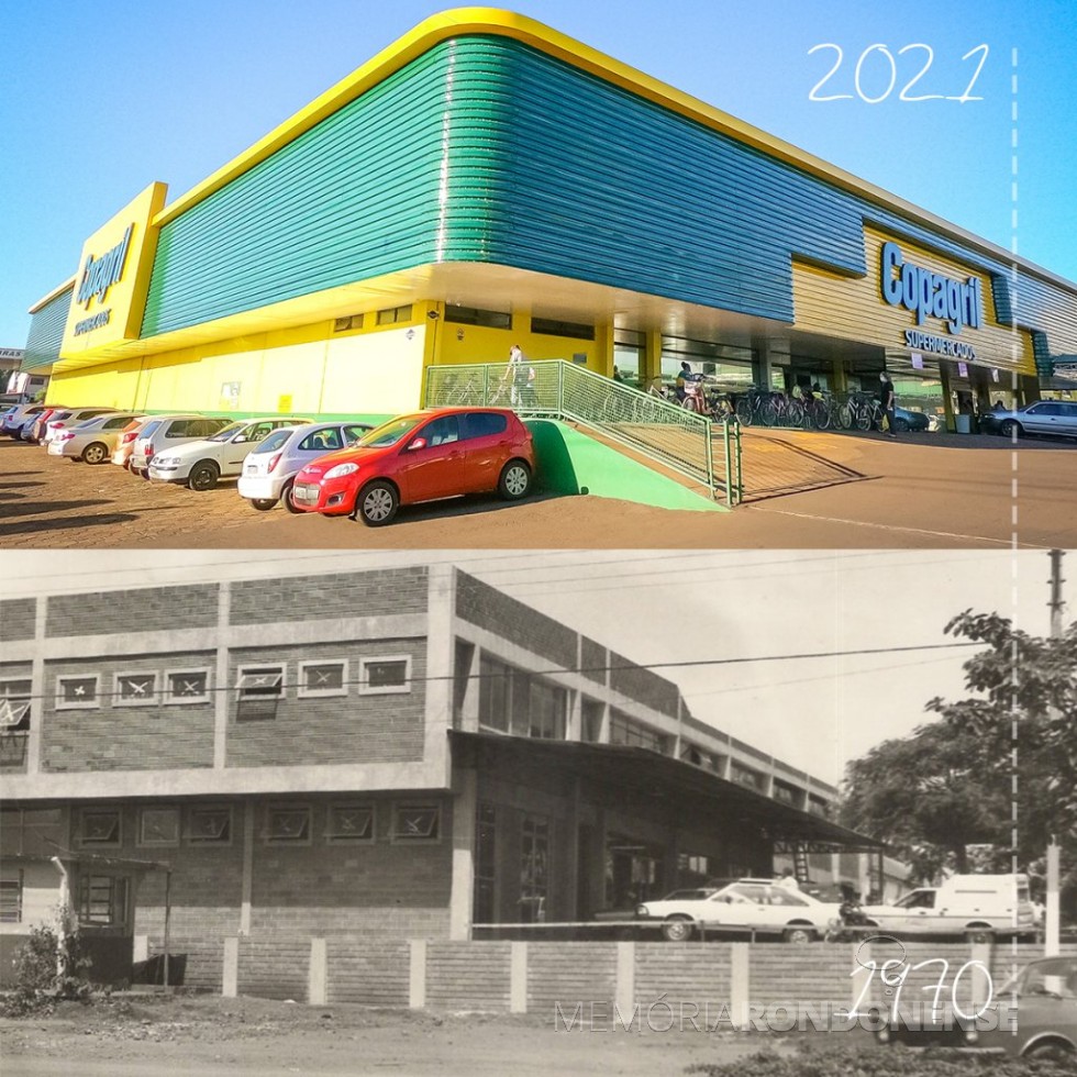 Composição comparativa do supermercado da Copagril em 1970  e o complexo em 2021, junto a sede central.
Imagens e montagem: Comunicação Copagril - FOTO 24 -