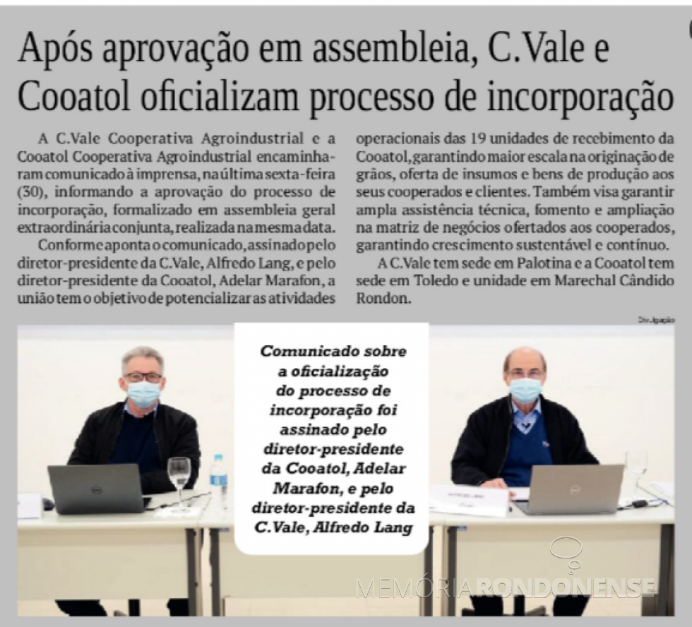 Destaque do jornal rondonense O Presente sobre o processo de incorporação das cooperativas C-Vale e Cotal, em final de julho de 2021. 
Imagem: Acervo do periódico - FOTO 15 -