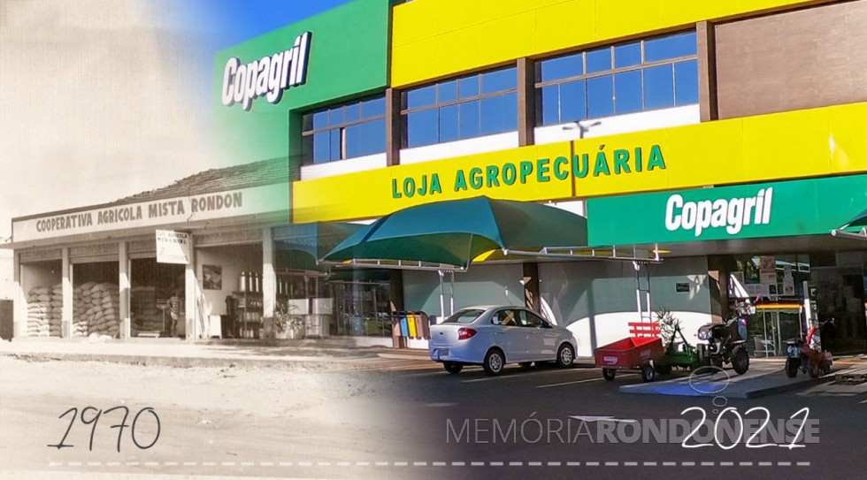 Composição comparativa da loja agropecuária da Copagril em 1970  e o complexo em 2021, junto a sede central.
Imagens e montagem: Comunicação Copagril - FOTO 23 -