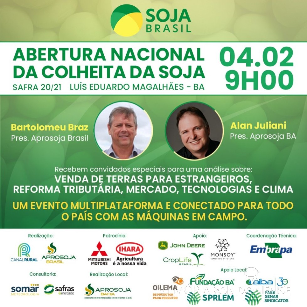 Banner para Abertura Nacional da Colheita da Soja 2020/2021, em fevereiro de 2021. 
Imagem: Acervo Aprosoja Brasil - FOTO 14 -