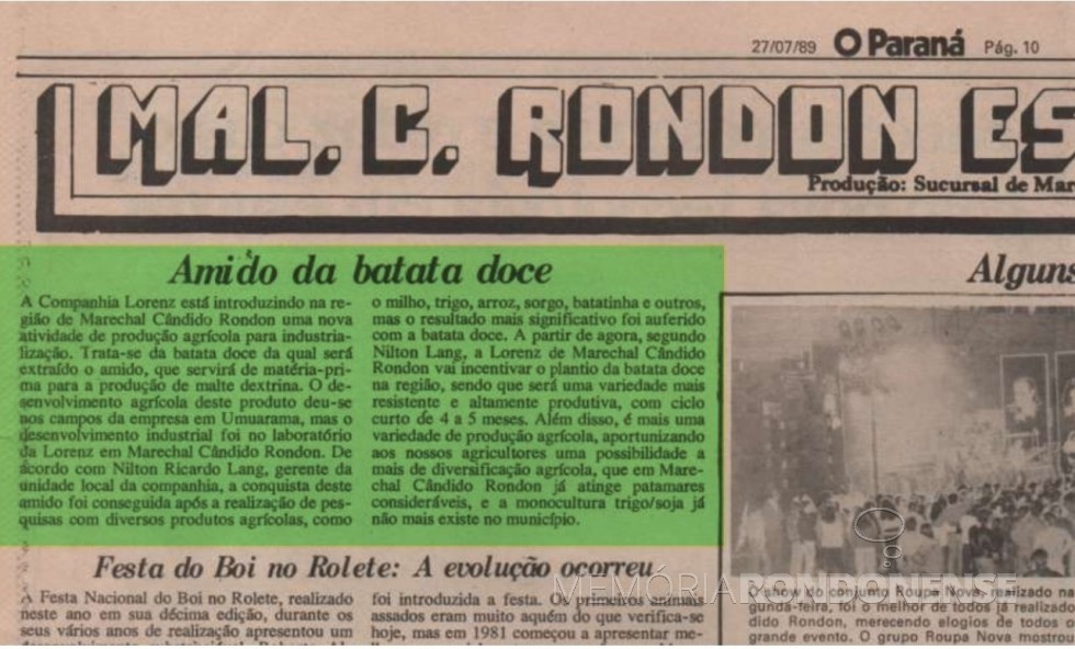 Destaque do jornal cascavelense O Paraná, na página 
