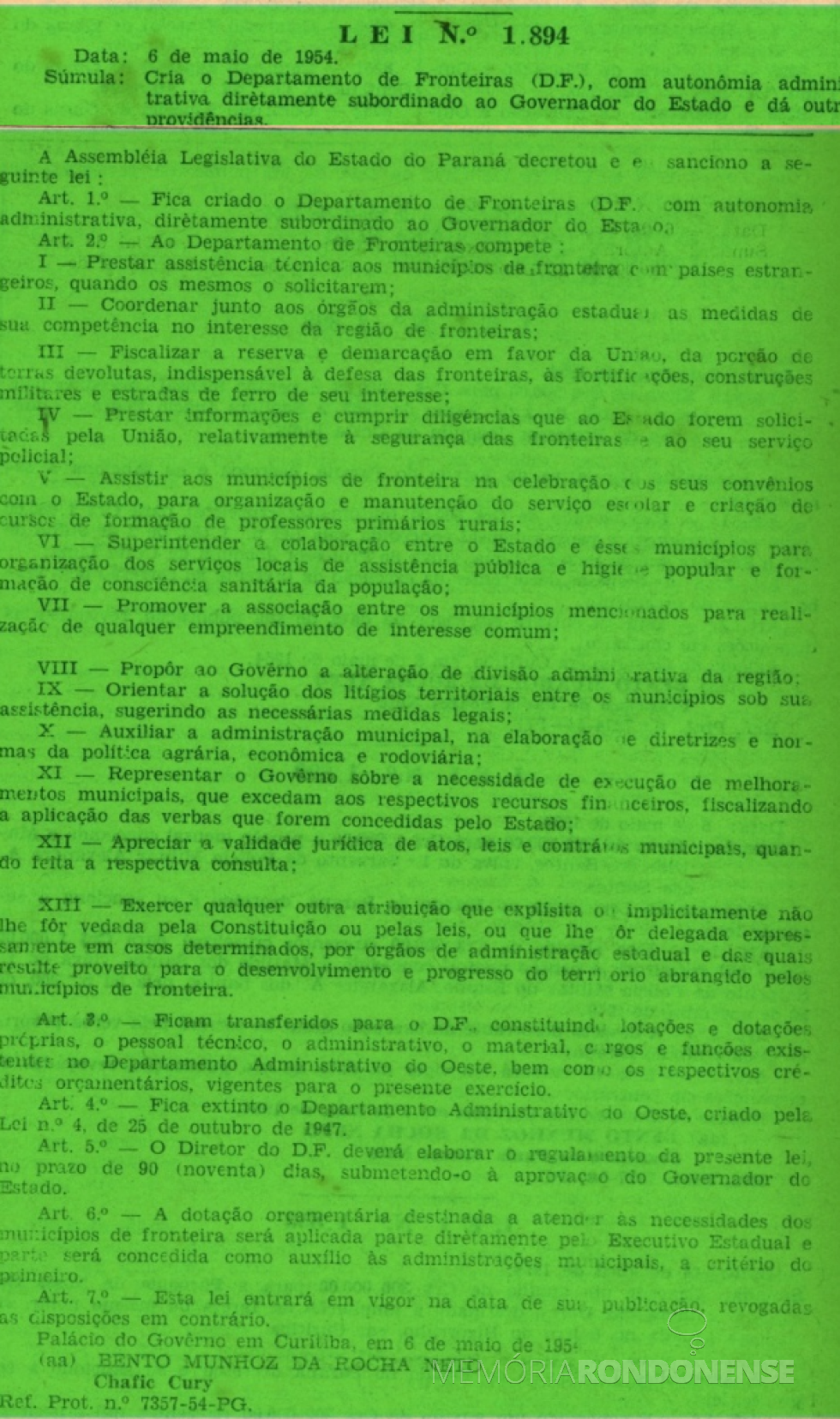 Cópia da publicação da Lei nº 1894/1954, no Diário oficial do Estado nº  53, de 10 de maio de 1954.
Imagem (Remontada do original): Acervo Arquivo Público do Paraná - FOTO 3 - 