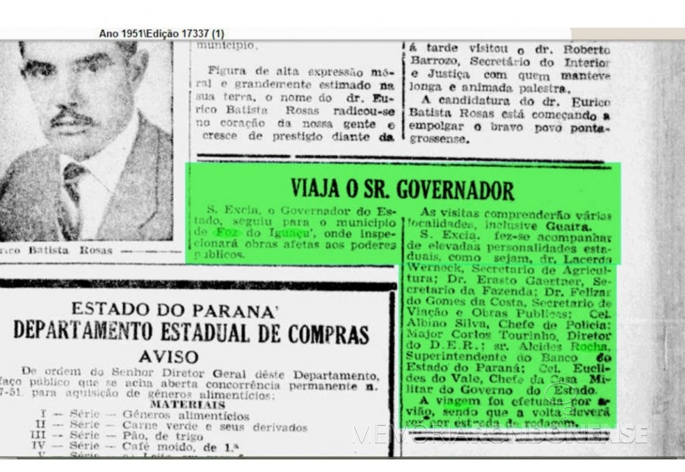 Destaque do jornal Diário da Tarde sobre a viagem do governador Bento Munhoz da Rocha Neto ao Oeste do Paraná. 
Imagem: Acervo Biblioteca Nacional - FOTO 3 _ 