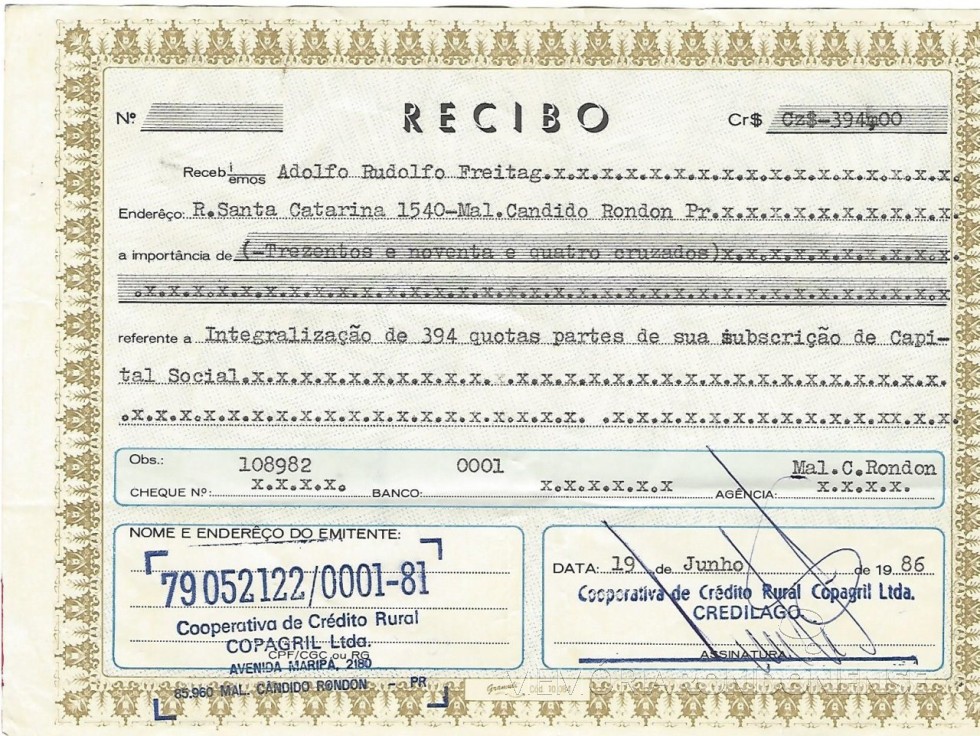 Comprovante de adesão de Adolfo Rudolfo Freitag a então Cooperativa de Crédito Rural Copagril Ltda., hoje Sicredi Aliança SP/PR, em junho de 1986. Imagem: Acervo Adolfo Freitag - FOTO 5 –