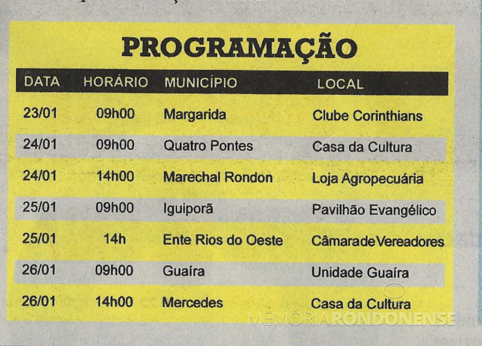 Quadro de agendamento das pré-assembleias 2018 da Copagril. 
Imagem: Acervo O Presente - FOTO 8 - 
 
