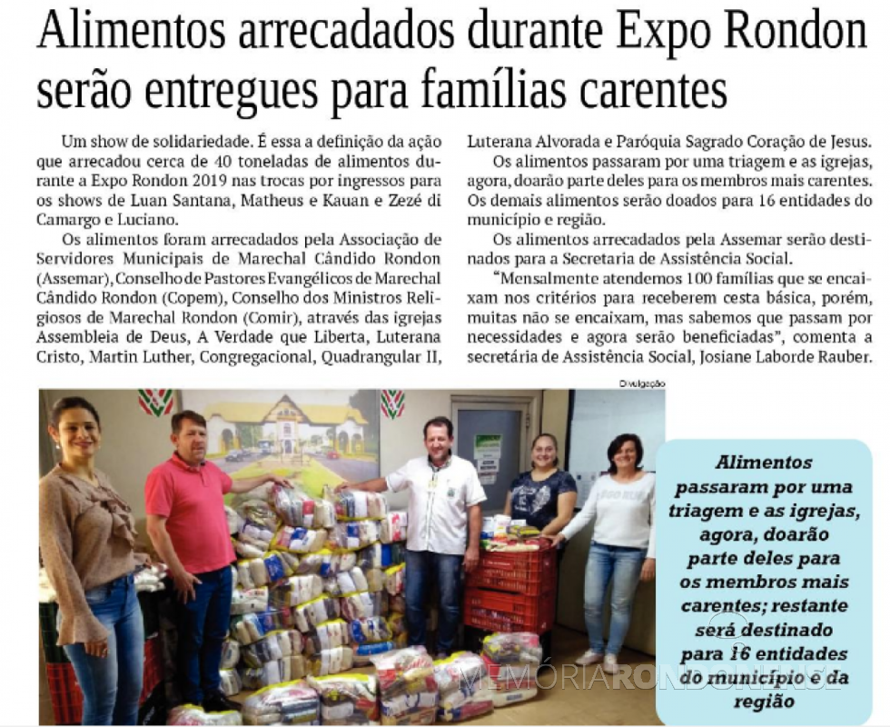 Recorte noticioso do jornal O Presente sobre a distribuição dos alimentos arrecadados no ExpoRondon 2019. 
Imagem: Acervo do Informativo - FOTO 10 - 
