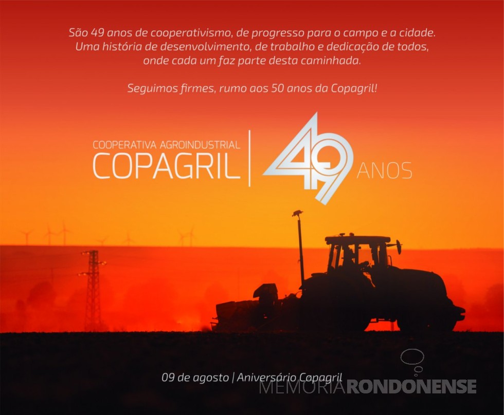 Banner alusivo aos 49 anos da Copagril, em agosto de 2019. 
Imagem: Acervo Comunicação Copagril - FOTO 18 - 
