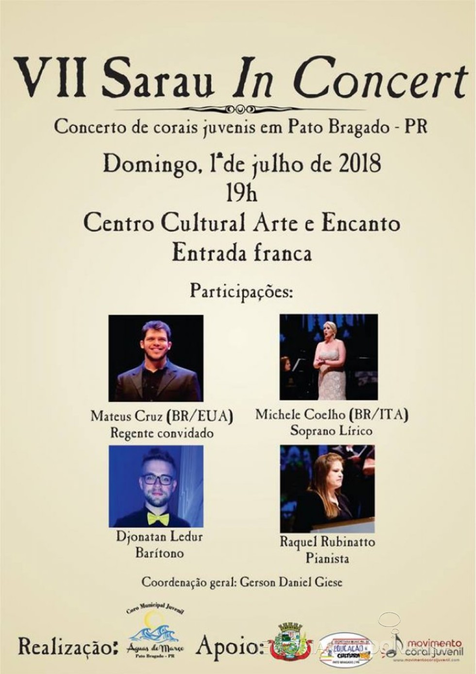 Cartaz-convite do 7º Sarau in Concert, de Pato Bragado. 
Imagem: Imprensa PM-PR - FOTO 16 - 