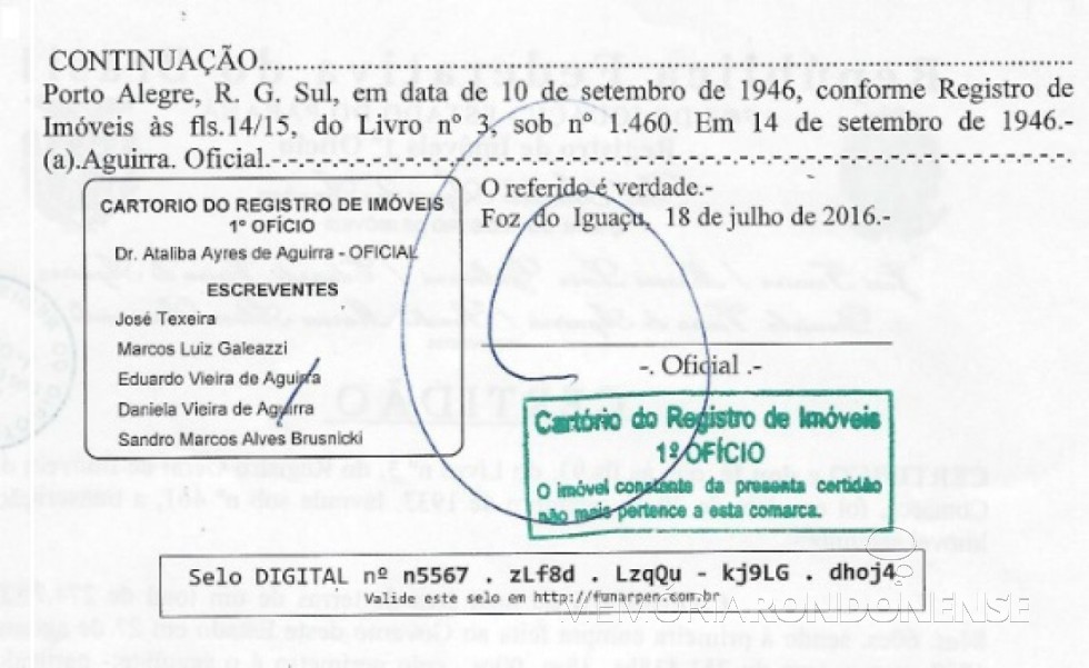 Certidão (segunda página) de registro de vendas de terras pelo Governo do Paraná à Companhia de Madeiras del Alto Paraná, em 1907 e 1911. 
Imagem: Acervo Memória Rondonense - IMAGEM 2 _ 